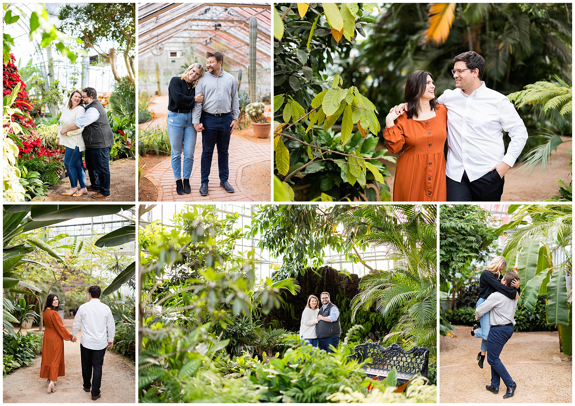 A collage of various couples taking engagement photos at the Botanical Gardens Greenhouse in Birmingham, AL.