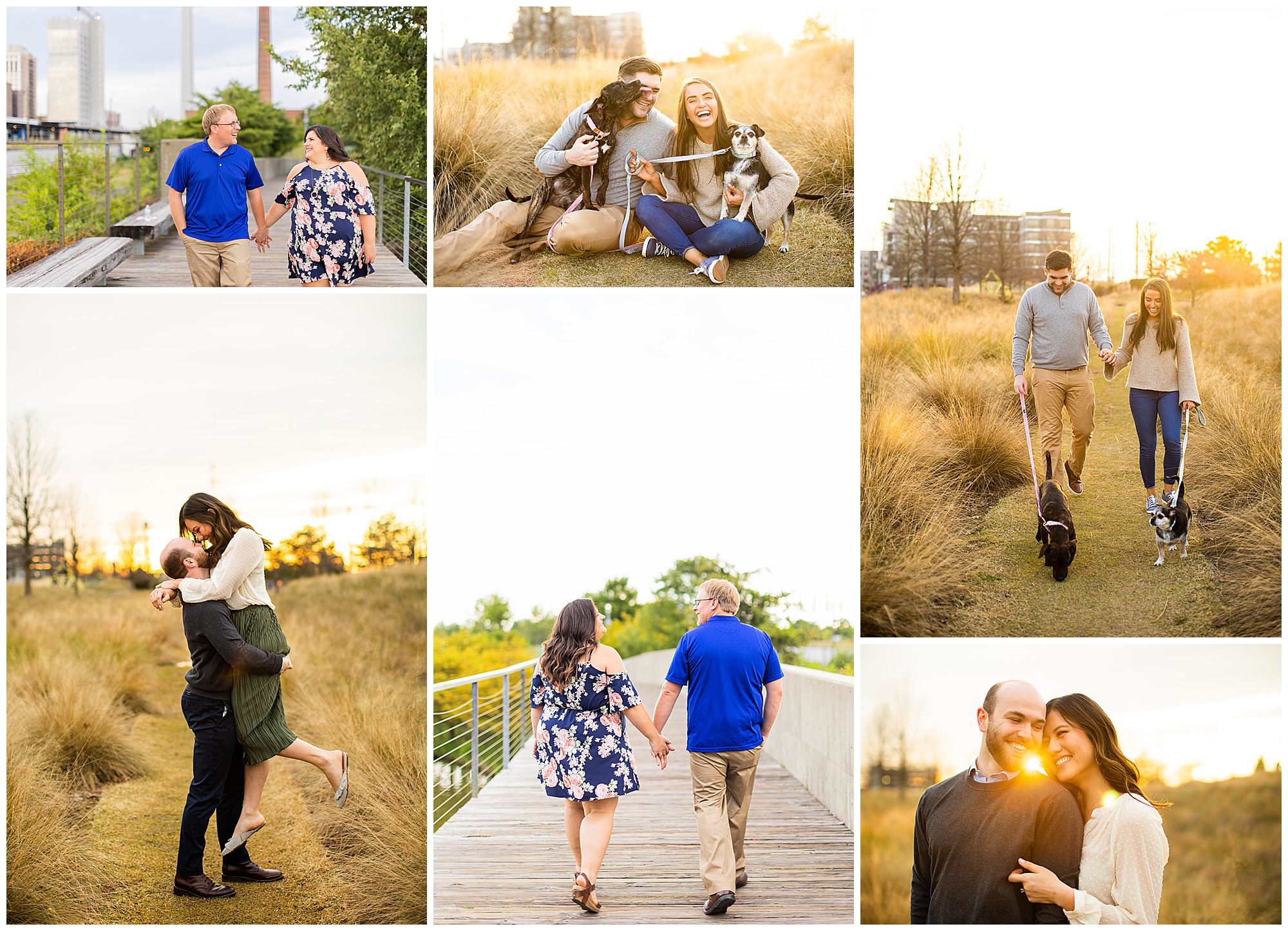 A collage of various couples taking engagement photos at Railroad Park in Birmingham, AL.