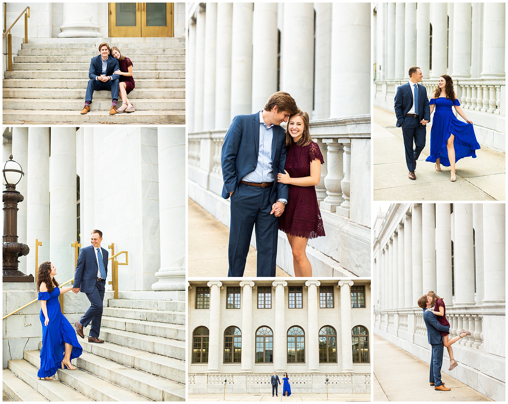 A collage of various couples taking engagement photos at the Federal Courthouse in Birmingham, AL.