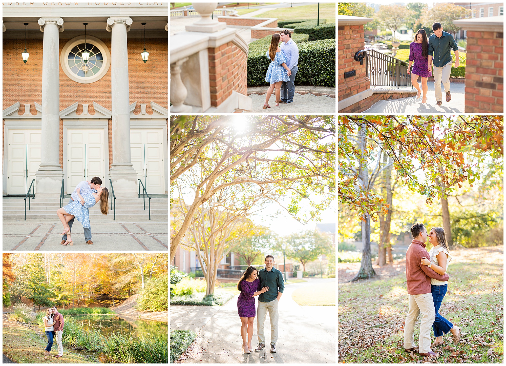 A collage of various couples taking engagement photos at Samford University in Birmingham, AL.
