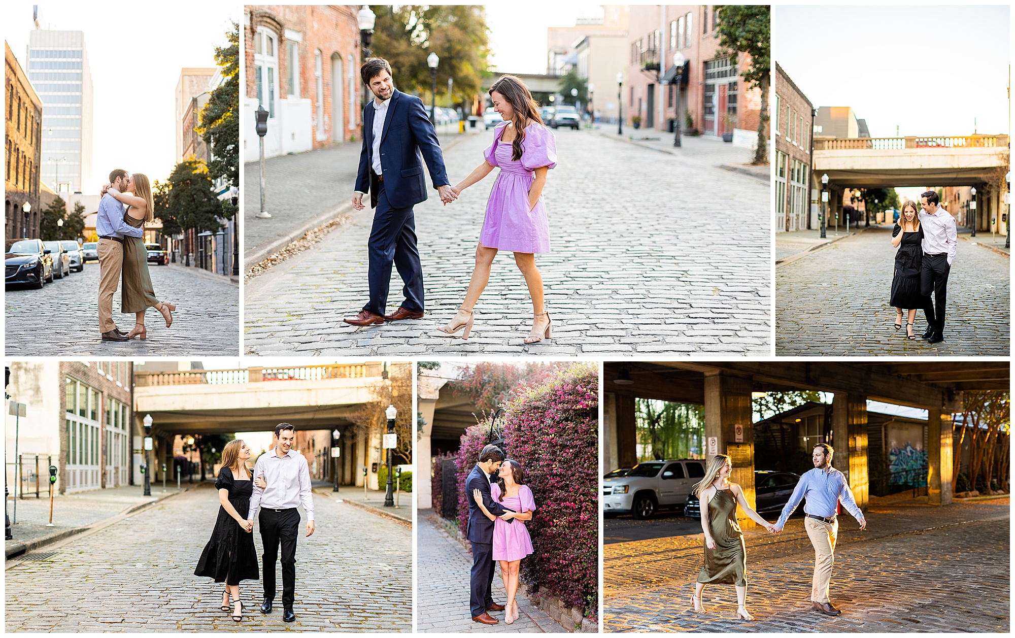 A collage of various couples taking engagement photos on Morris Avenue in downtown Birmingham, AL.