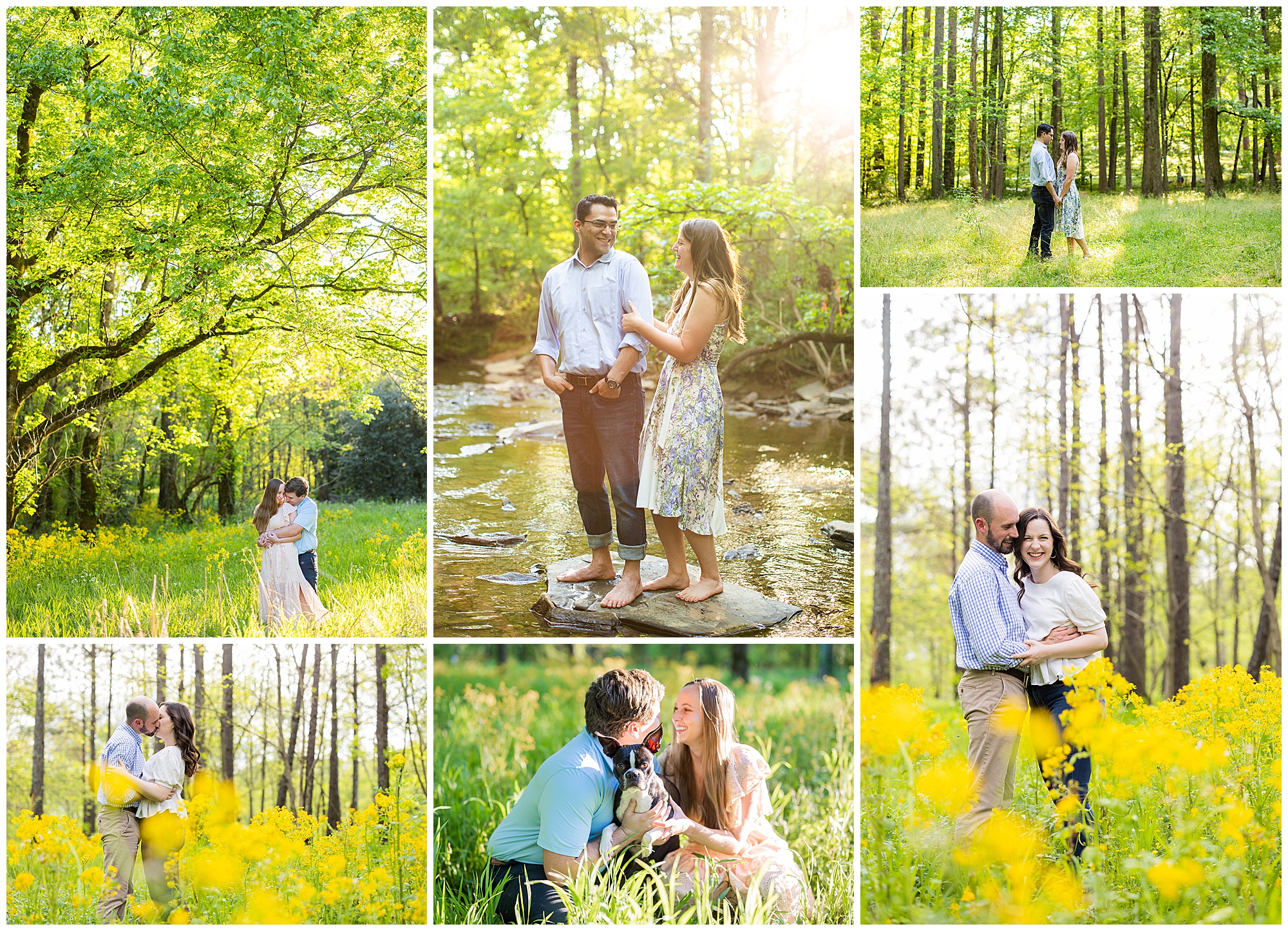 A collage of various couples taking engagement photos on Jemison Trail in Birmingham, AL.