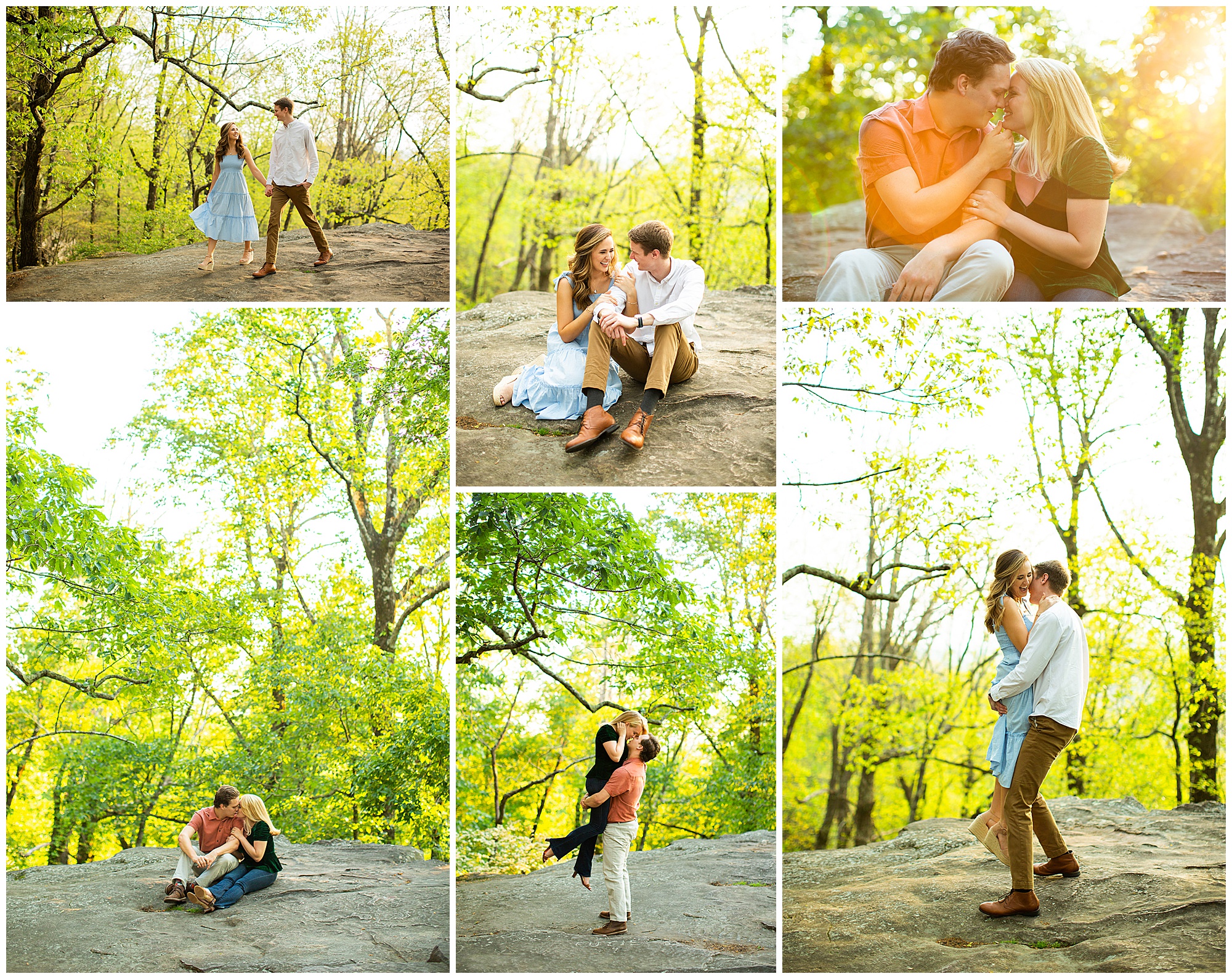 A collage of various couples taking engagement photos on Lover's Leap in Birmingham, AL.