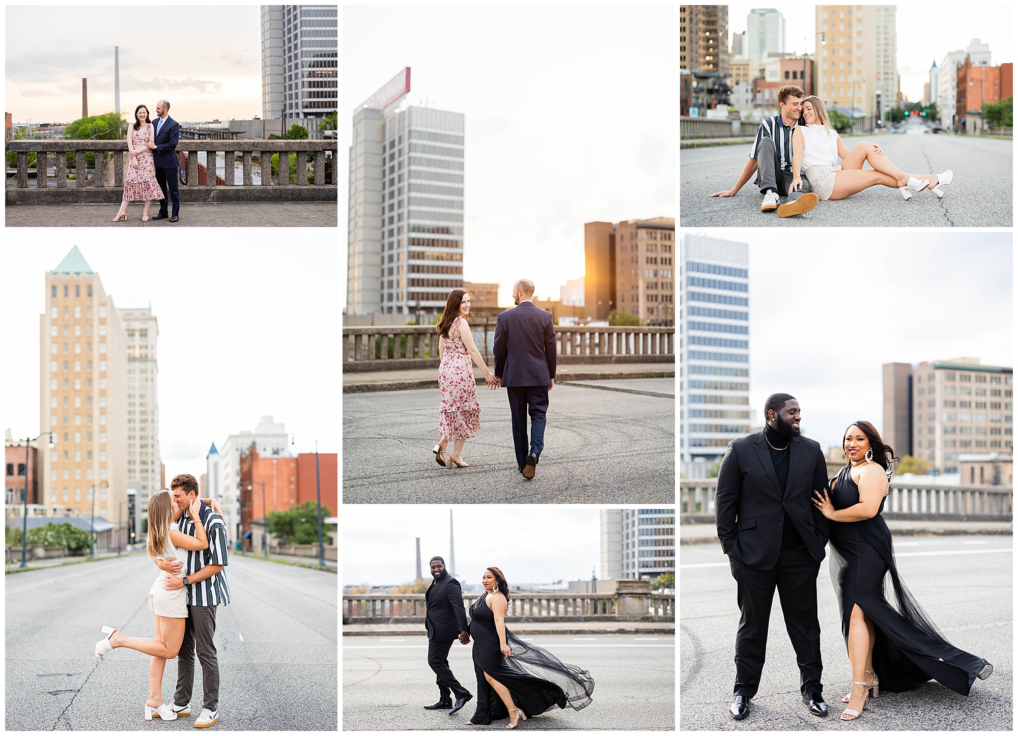 A collage of various couples taking engagement photos on the Pedestrian Bridge in Birmingham, AL.