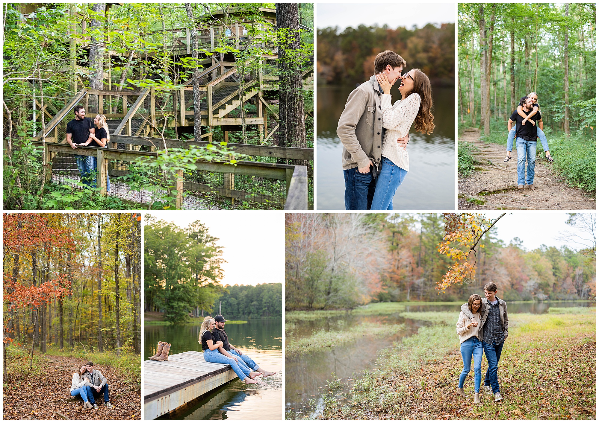 A collage of various couples taking engagement photos at Oak Mountain State Park in Birmingham, AL.