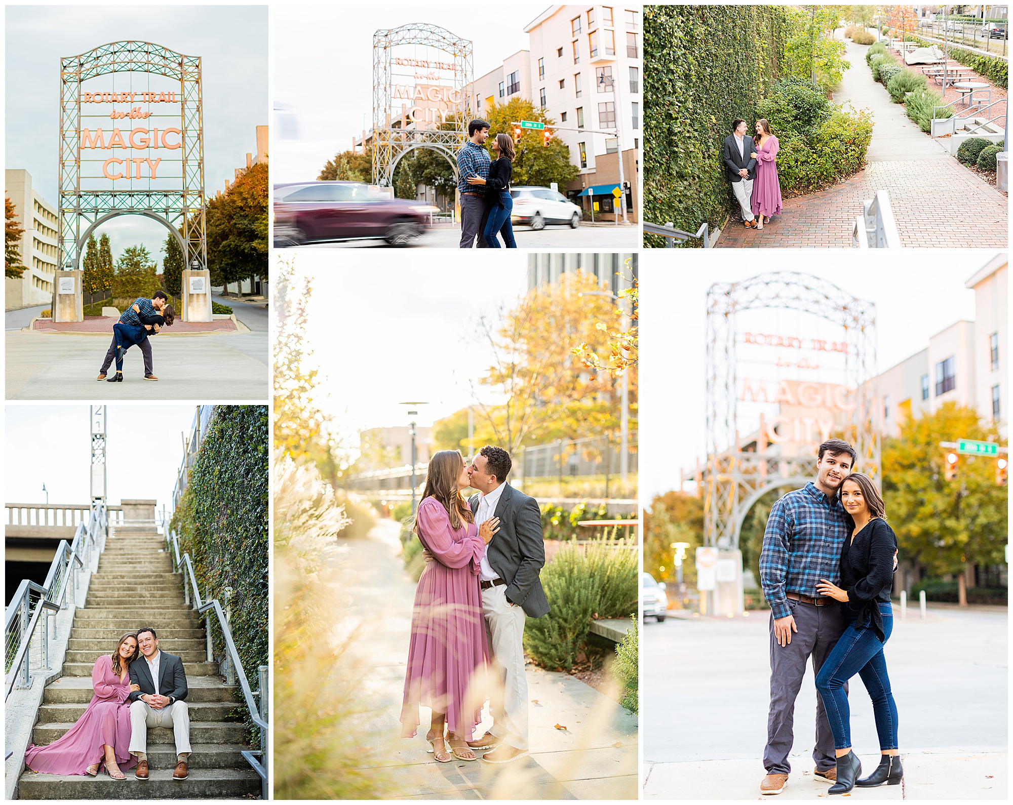 A collage of various couples taking engagement photos on the Rotary Trail in Birmingham, AL.