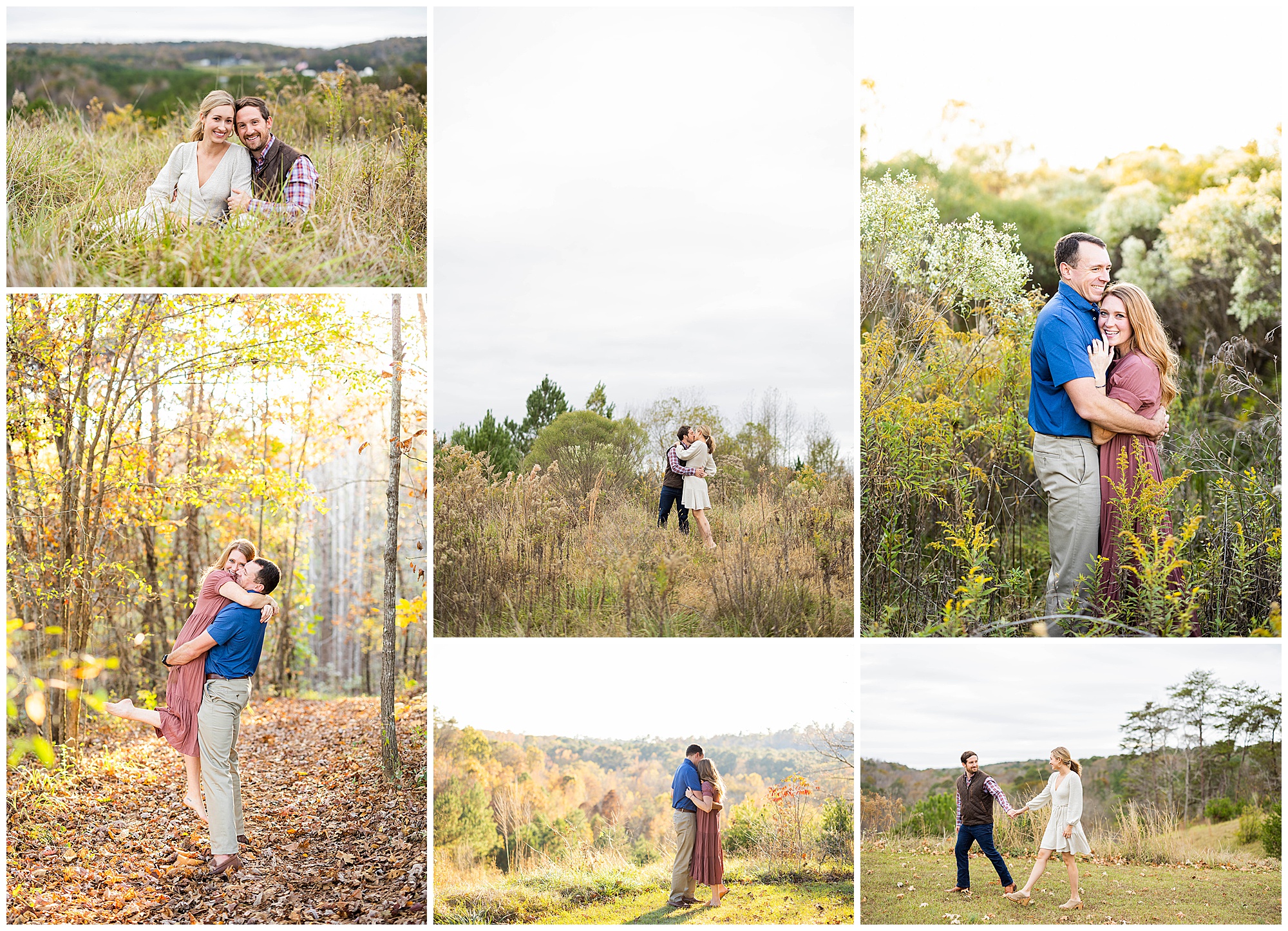 A collage of various couples taking engagement photos at Grants Mill in Birmingham, AL.