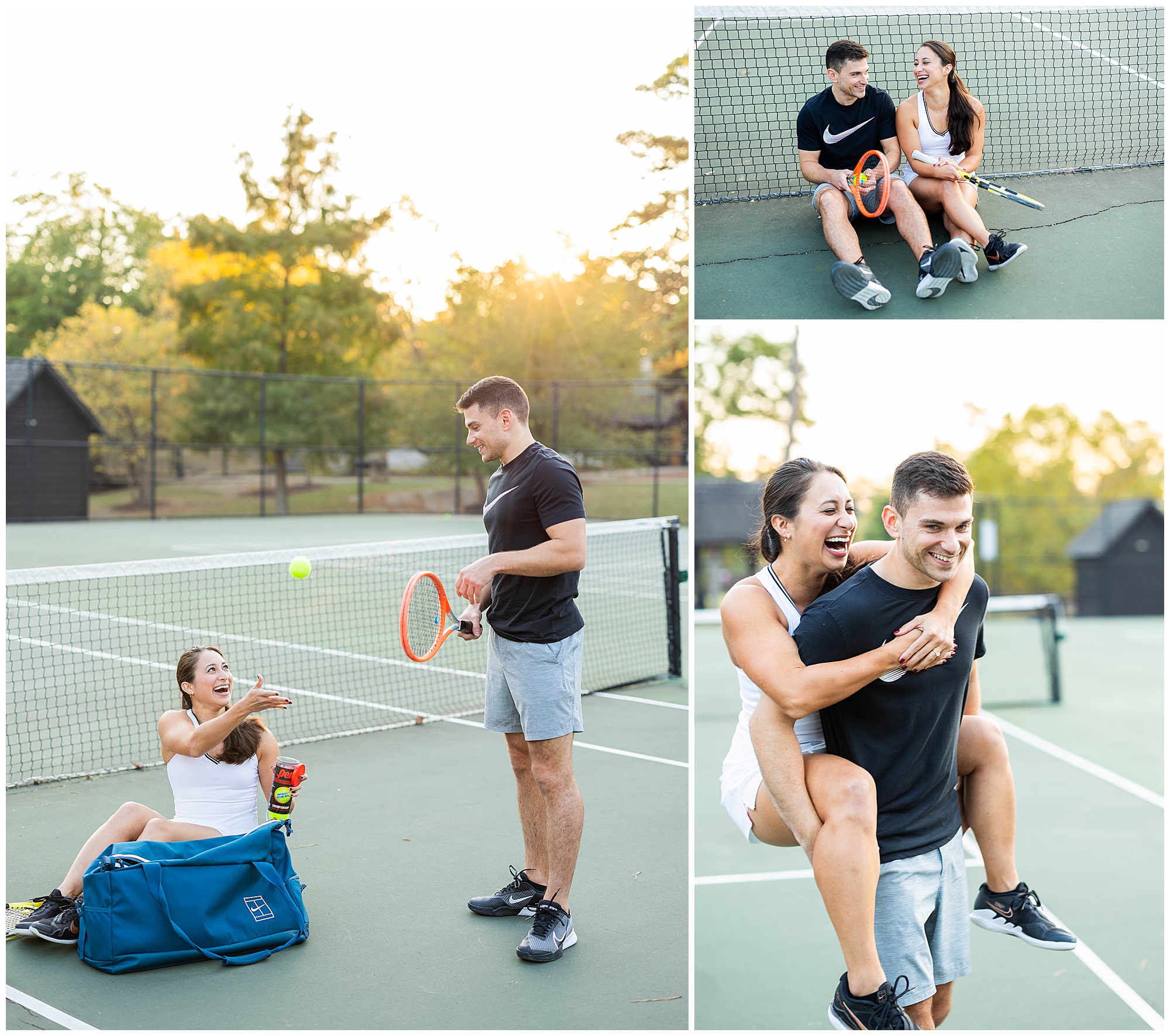 A collage of one couple taking engagement photos on a tennis court. 