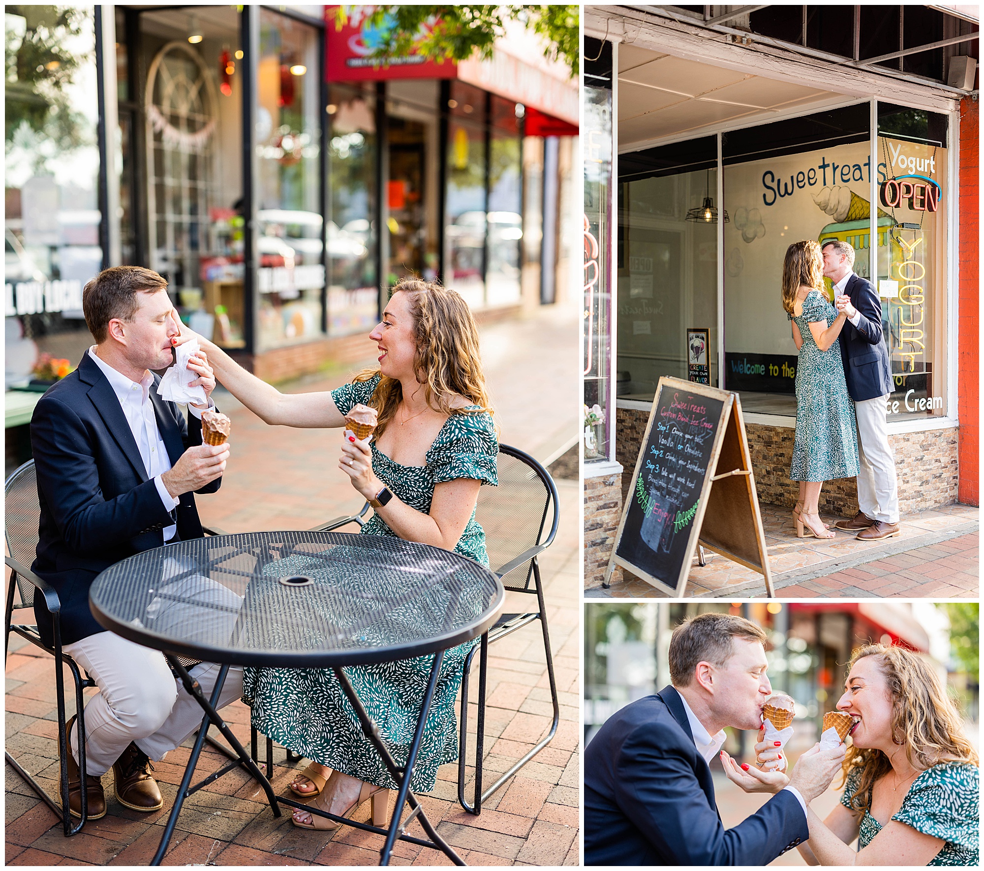 A collage of one couple taking engagement photos at an ice cream shop. 