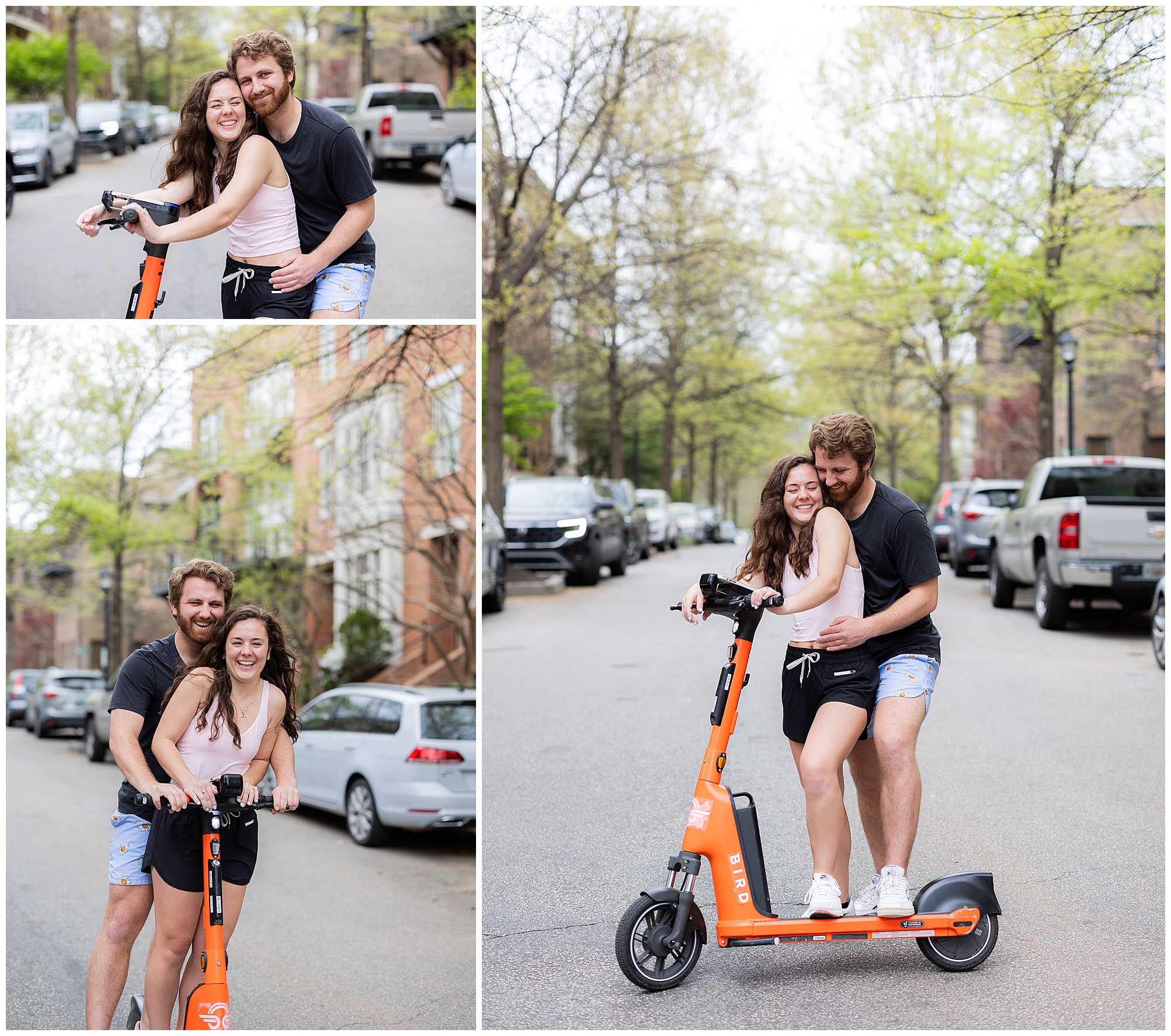 A collage of one couple taking engagement photos while riding an electric scooter on the street. 