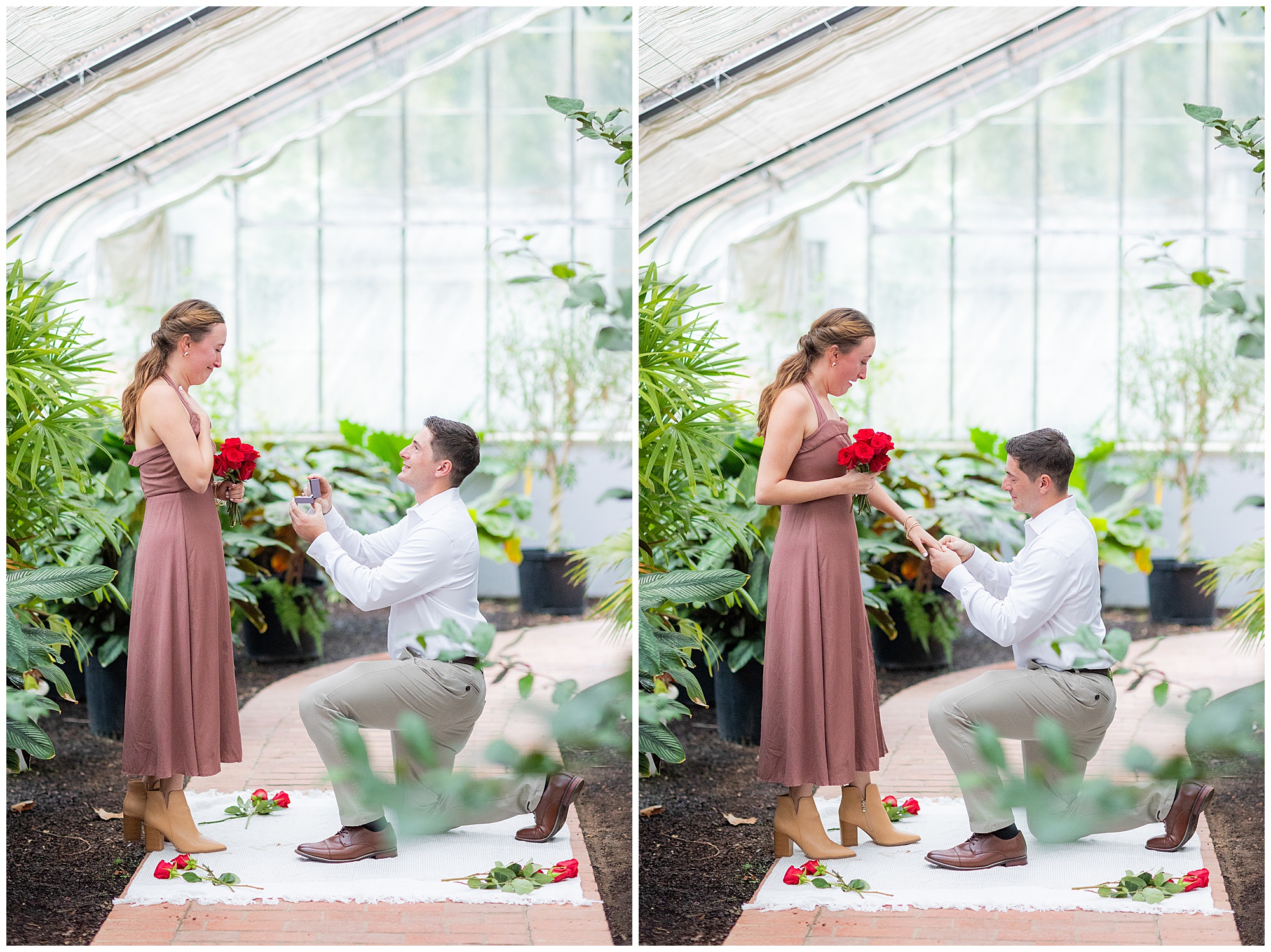 Jake slides the ring onto Catherine's finger as they stand among scattered roses in the Botanical Garden's greenhouse. 