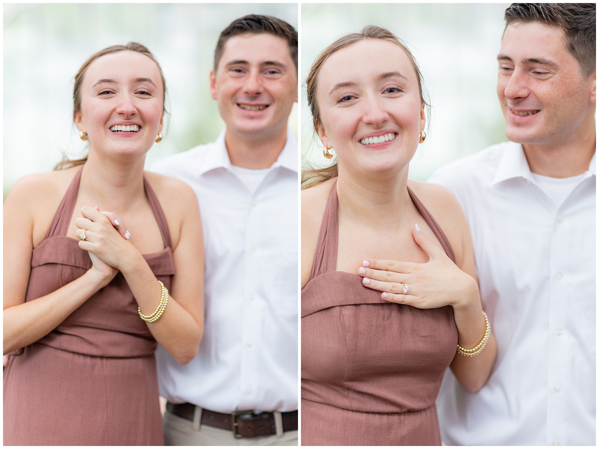 A close up of Catherine and Jake as she holds up her hand to show the camera her new engagement ring. 