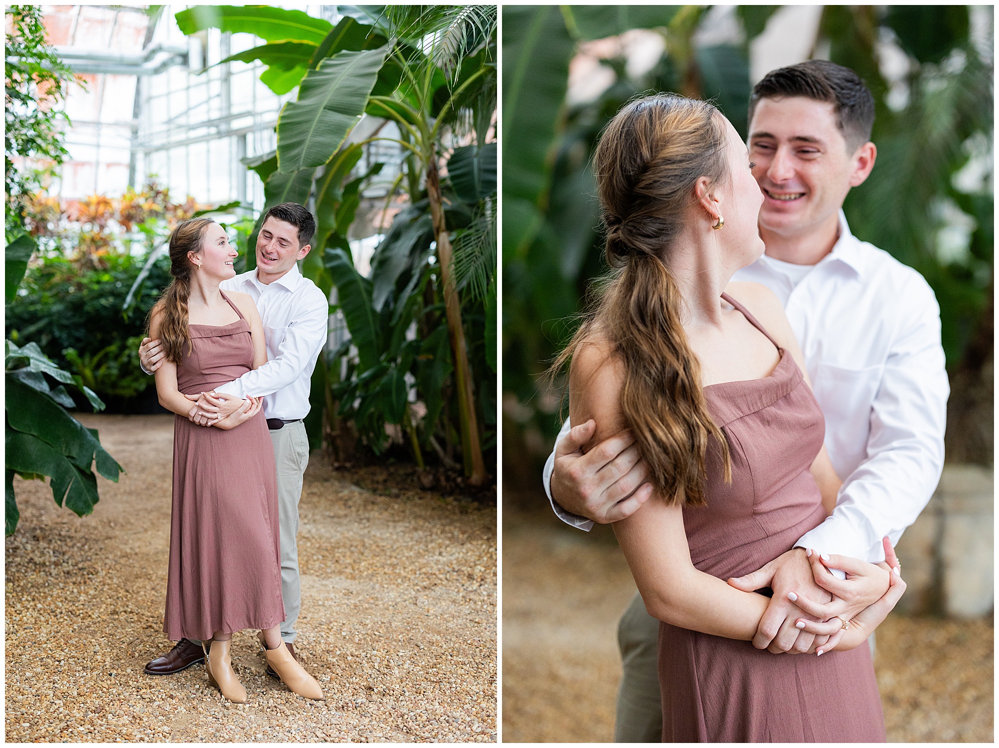 Jake holds Catherine from behind and they smile at each other. 