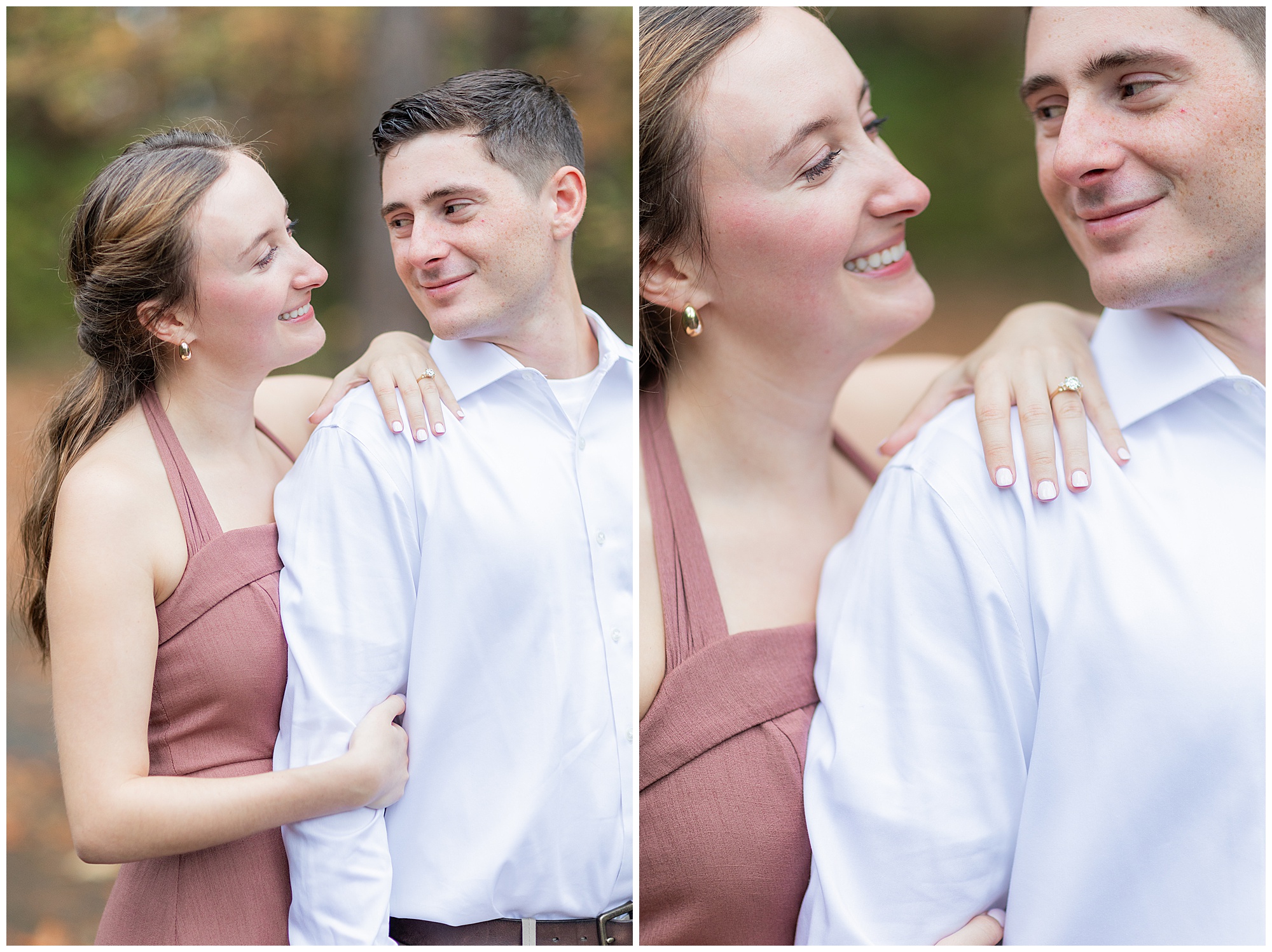 A close-up photo of Catherine and Jake. She smiles at him and lays her hand on his shoulder so we can see her new ring. 
