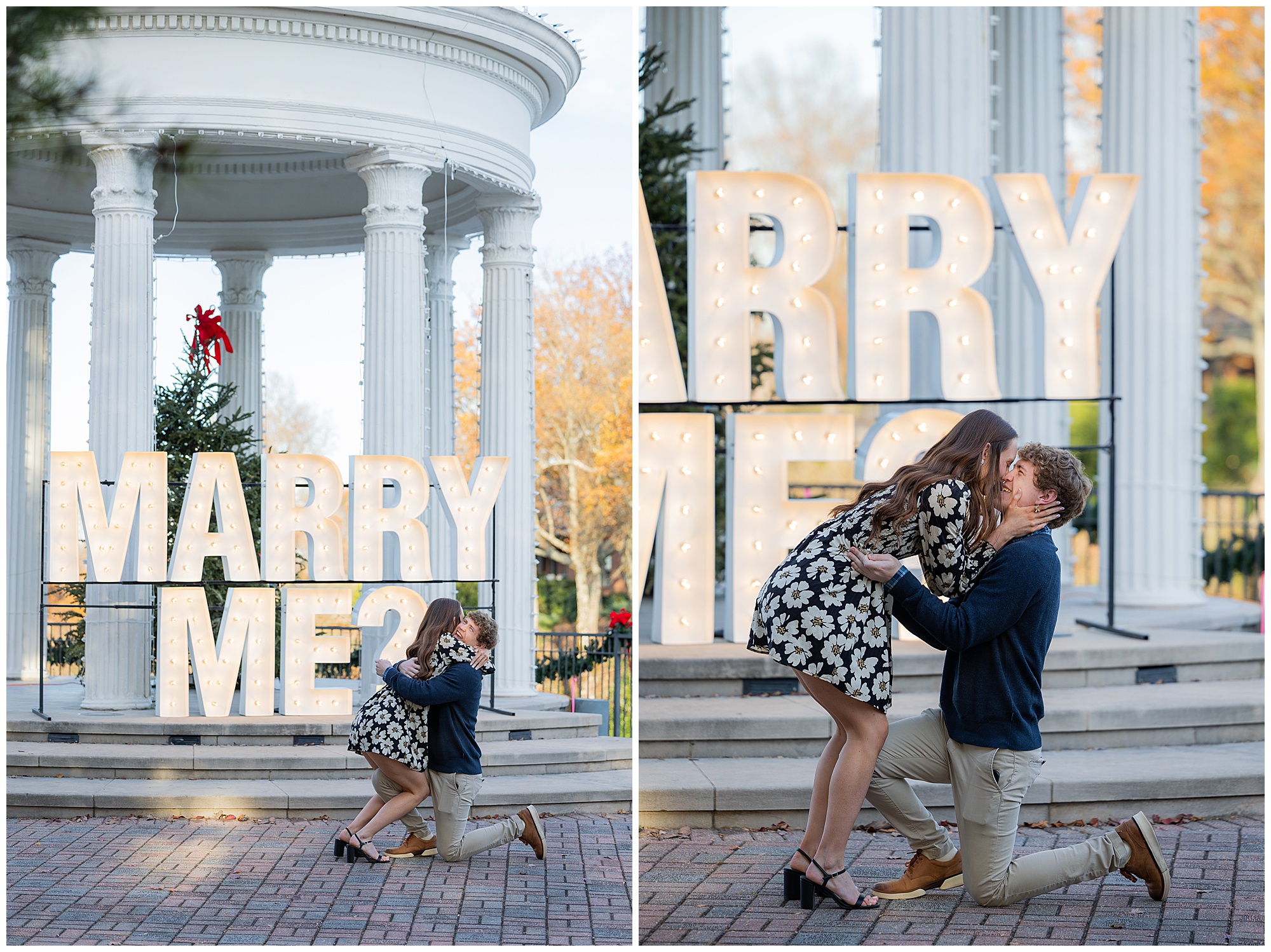 Camden and Olivia hug and kiss in front of the "Marry Me?" sign at Sibyl Temple. 