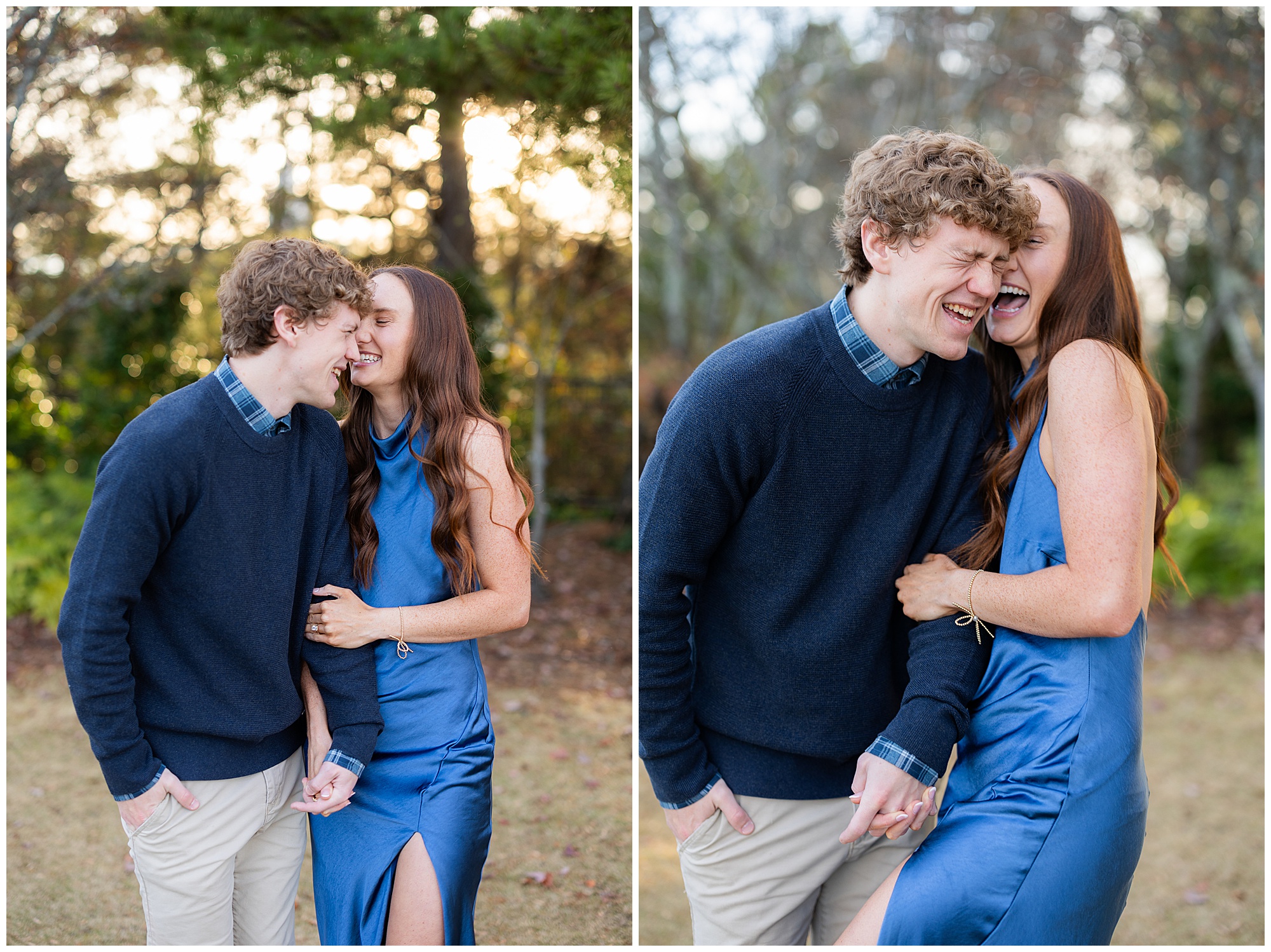 Camden and Olivia laugh and smile at each other while they hold hands. 