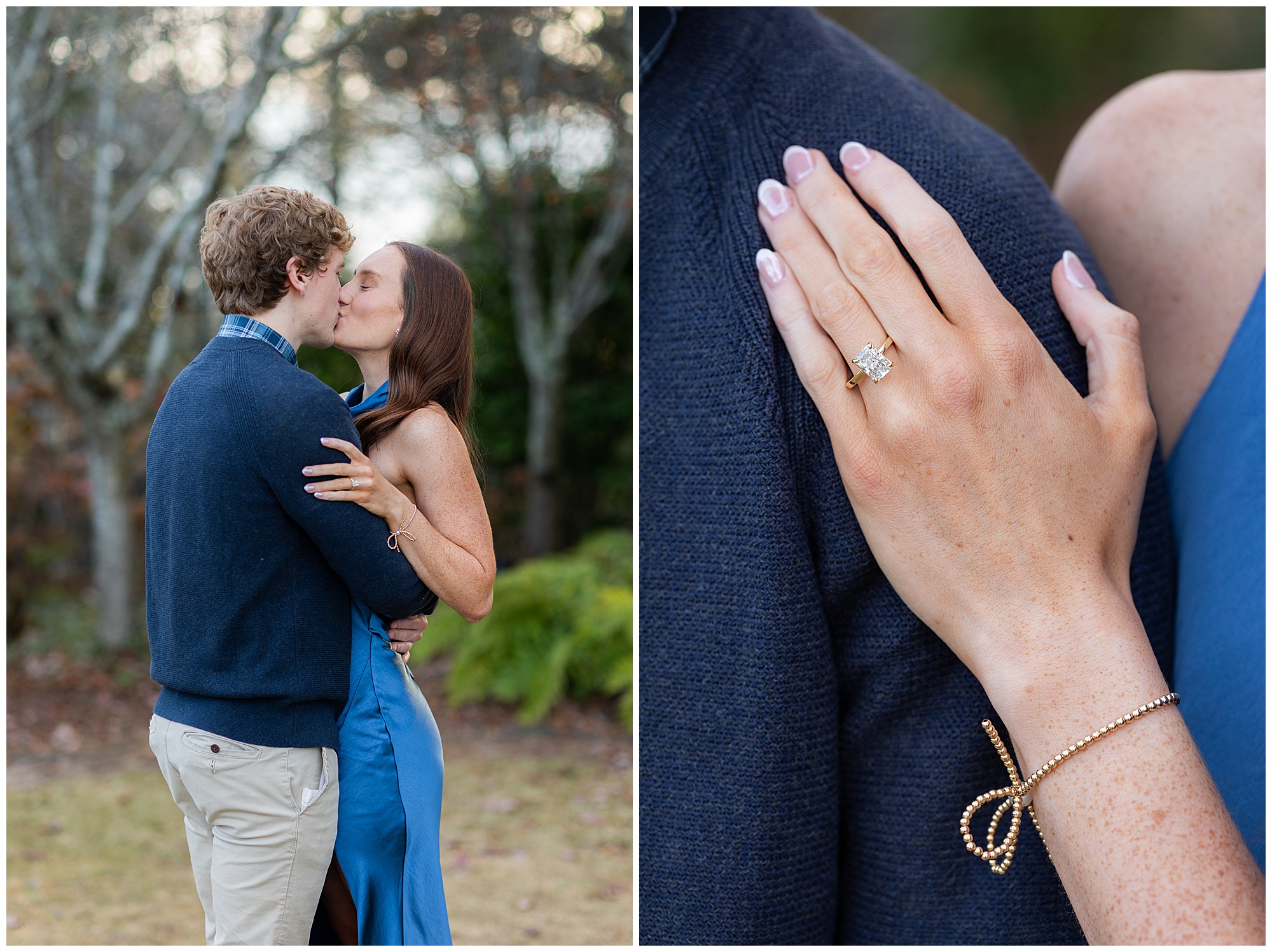 An up-close image of Olivia's emerald cut engagement ring set on a thin, gold band. 